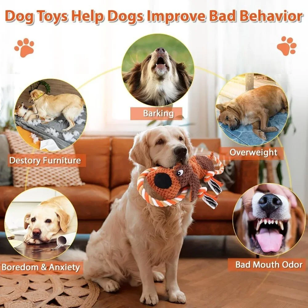 Plush Dog Toys with Rope, Squeaker & Crinkle Paper Interactive Squeaky Chew